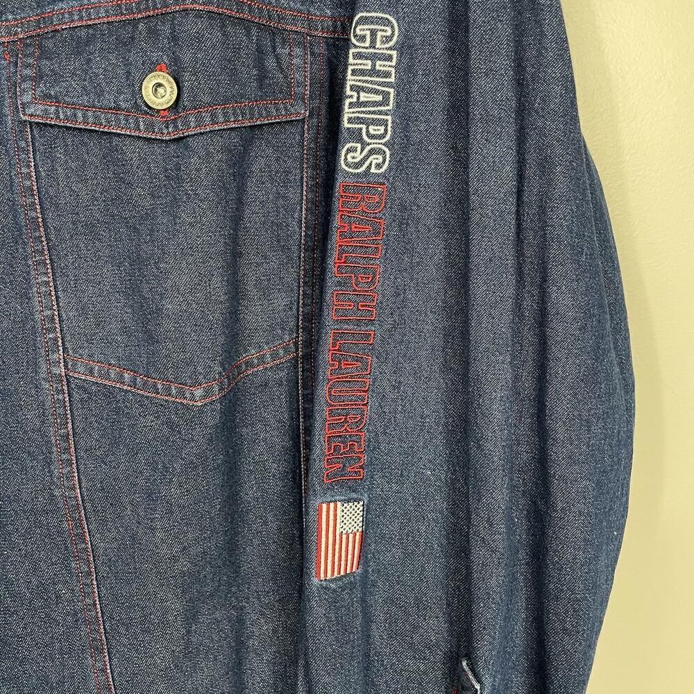 Vintage Ralph Lauren Chaps Denim Shirt Mens XL Y2K Red Stitching Sleeve Spellout - Picture 6 of 13